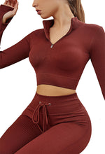 Indlæs billede til gallerivisning Womens High Waisted Workout 2 Piece Sets Crop Top and Sweatsuit Pants Seamless Sports Legging Yoga Gym Outfits Pinstripe elasticity structure