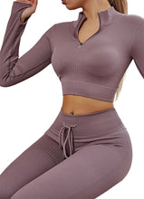 Indlæs billede til gallerivisning Womens High Waisted Workout 2 Piece Sets Crop Top and Sweatsuit Pants Seamless Sports Legging Yoga Gym Outfits Pinstripe elasticity structure