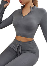 Indlæs billede til gallerivisning Womens High Waisted Workout 2 Piece Sets Crop Top and Sweatsuit Pants Seamless Sports Legging Yoga Gym Outfits Pinstripe elasticity structure