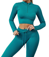 Indlæs billede til gallerivisning Womens High Waisted Workout 2 Piece Sets Crop Top and Sweatsuit Pants Seamless Sports Legging Yoga Gym Outfits Pinstripe elasticity structure