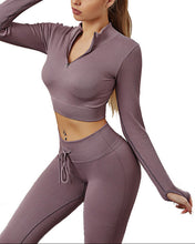 Indlæs billede til gallerivisning Womens High Waisted Workout 2 Piece Sets Crop Top and Sweatsuit Pants Seamless Sports Legging Yoga Gym Outfits Pinstripe elasticity structure