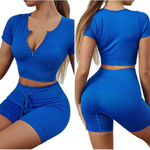 Lataa kuva Galleria-katseluun, Sports workout short sleeve and shorts suits women gym clothes