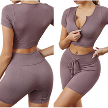 Lataa kuva Galleria-katseluun, Sports workout short sleeve and shorts suits women gym clothes