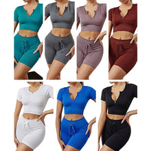 Lataa kuva Galleria-katseluun, Sports workout short sleeve and shorts suits women gym clothes