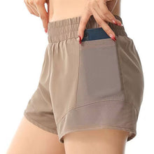Indlæs billede til gallerivisning Women's High-Waisted Athletic Shorts with Pockets - Mesh Panel Built-In Liner Yoga Running Shorts