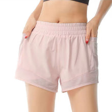 Indlæs billede til gallerivisning Women's High-Waisted Athletic Shorts with Pockets - Mesh Panel Built-In Liner Yoga Running Shorts