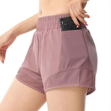 Indlæs billede til gallerivisning Women's High-Waisted Athletic Shorts with Pockets - Mesh Panel Built-In Liner Yoga Running Shorts