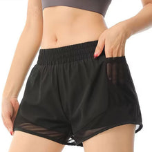 Indlæs billede til gallerivisning Women's High-Waisted Athletic Shorts with Pockets - Mesh Panel Built-In Liner Yoga Running Shorts