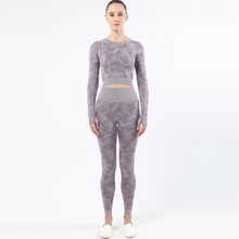 Lataa kuva Galleria-katseluun, Womens camouflage Workout Tracksuit 2 Pieces Set Hollow back High Waist Leggings and Long Sleeve Crop Top Yoga Activewear