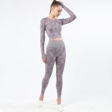 Lataa kuva Galleria-katseluun, Womens camouflage Workout Tracksuit 2 Pieces Set Hollow back High Waist Leggings and Long Sleeve Crop Top Yoga Activewear