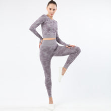Lataa kuva Galleria-katseluun, Womens camouflage Workout Tracksuit 2 Pieces Set Hollow back High Waist Leggings and Long Sleeve Crop Top Yoga Activewear