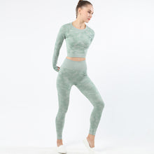 Lataa kuva Galleria-katseluun, Womens camouflage Workout Tracksuit 2 Pieces Set Hollow back High Waist Leggings and Long Sleeve Crop Top Yoga Activewear
