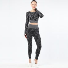 Lataa kuva Galleria-katseluun, Womens camouflage Workout Tracksuit 2 Pieces Set Hollow back High Waist Leggings and Long Sleeve Crop Top Yoga Activewear