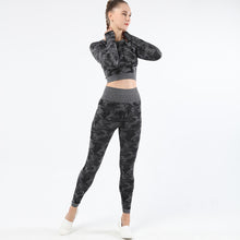 Lataa kuva Galleria-katseluun, Womens camouflage Workout Tracksuit 2 Pieces Set Hollow back High Waist Leggings and Long Sleeve Crop Top Yoga Activewear
