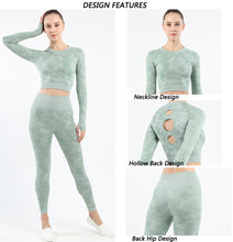 Lataa kuva Galleria-katseluun, Womens camouflage Workout Tracksuit 2 Pieces Set Hollow back High Waist Leggings and Long Sleeve Crop Top Yoga Activewear