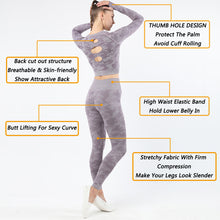 Lataa kuva Galleria-katseluun, Womens camouflage Workout Tracksuit 2 Pieces Set Hollow back High Waist Leggings and Long Sleeve Crop Top Yoga Activewear