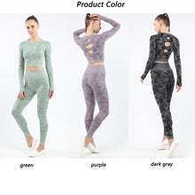 Lataa kuva Galleria-katseluun, Womens camouflage Workout Tracksuit 2 Pieces Set Hollow back High Waist Leggings and Long Sleeve Crop Top Yoga Activewear