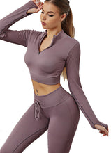Load image into Gallery viewer, Womens High Waisted Workout  2 Piece Sets Crop Top and Sweatsuit  Pants Seamless Sports Legging  Yoga Gym Outfits Pinstripe elasticity structure
