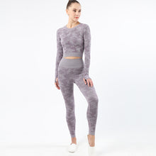 Load image into Gallery viewer, Womens camouflage Workout Tracksuit 2 Pieces Set  Hollow back High Waist Leggings and Long Sleeve Crop Top Yoga Activewear
