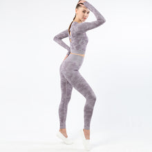 Load image into Gallery viewer, Womens camouflage Workout Tracksuit 2 Pieces Set  Hollow back High Waist Leggings and Long Sleeve Crop Top Yoga Activewear
