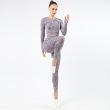 Load image into Gallery viewer, Womens camouflage Workout Tracksuit 2 Pieces Set  Hollow back High Waist Leggings and Long Sleeve Crop Top Yoga Activewear
