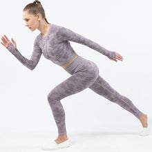 Load image into Gallery viewer, Womens camouflage Workout Tracksuit 2 Pieces Set  Hollow back High Waist Leggings and Long Sleeve Crop Top Yoga Activewear
