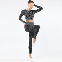 Load image into Gallery viewer, Womens camouflage Workout Tracksuit 2 Pieces Set  Hollow back High Waist Leggings and Long Sleeve Crop Top Yoga Activewear
