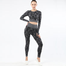 Load image into Gallery viewer, Womens camouflage Workout Tracksuit 2 Pieces Set  Hollow back High Waist Leggings and Long Sleeve Crop Top Yoga Activewear
