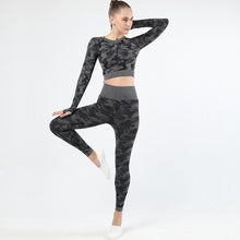 Load image into Gallery viewer, Womens camouflage Workout Tracksuit 2 Pieces Set  Hollow back High Waist Leggings and Long Sleeve Crop Top Yoga Activewear
