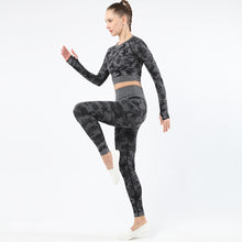 Load image into Gallery viewer, Womens camouflage Workout Tracksuit 2 Pieces Set  Hollow back High Waist Leggings and Long Sleeve Crop Top Yoga Activewear
